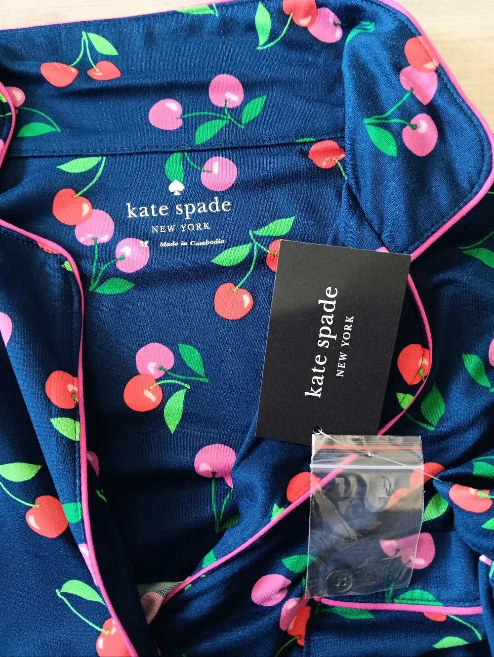 New Kate Spade Short Sleeve Pajama Pant Set Red Pink Cherries Indigo Blue Medium
